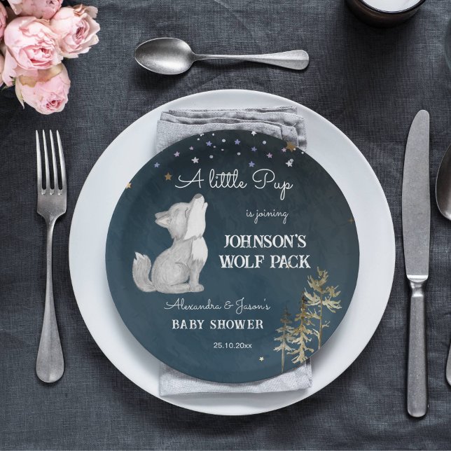 Kleine Wolfspülung zum Thema Babydusche Pappteller (Wolf themed baby shower tableware personalized plates cute howling wolf cub starry night woodlands)