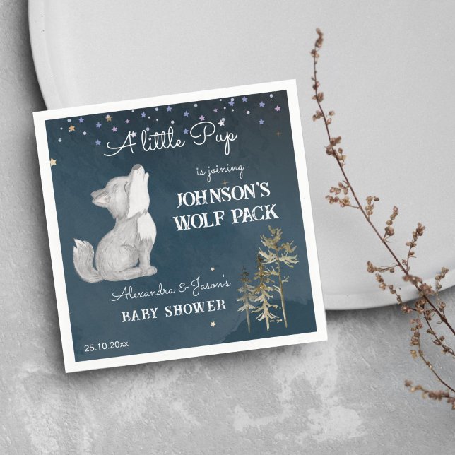 Kleine Wolfspülung zum Thema Babydusche Serviette (Little wolf themed baby shower tableware personalized napkins cute wolf cub howling starry night)