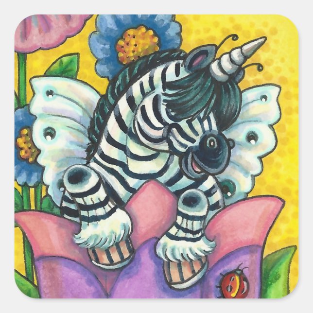 KLEINE ZEBO WHIMSYNICKER, ZEBRA UNICORN Fantasy Quadratischer Aufkleber (Vorderseite)