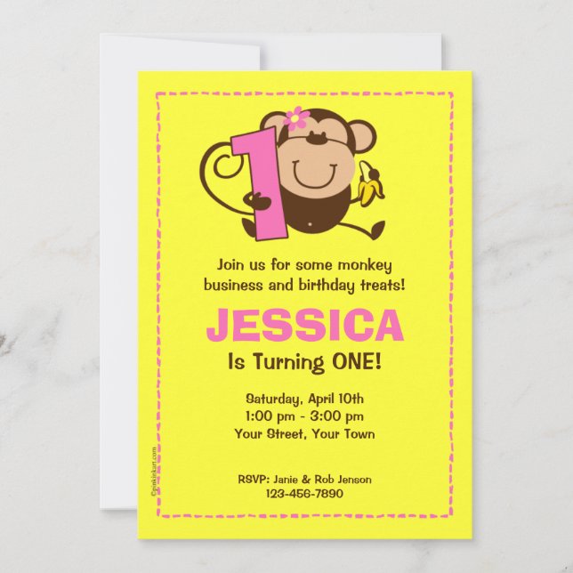 Kleiner Affe 1. Geburtstag Mädchen individuelle Ei Einladung (Vorderseite)