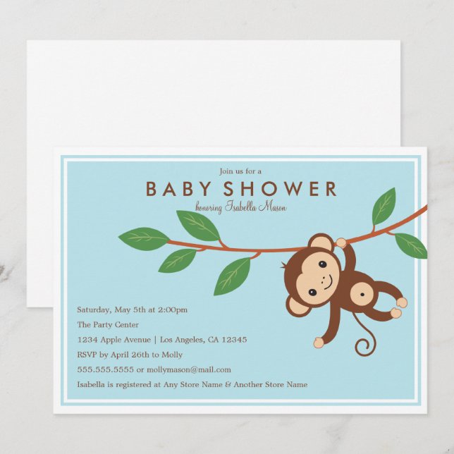 Kleiner Affe - Blau| Kinderdusche Einladung (Vorne/Hinten)