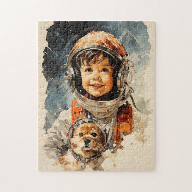 Kleiner Astronautenjunge und Hund Puzzle (Vertikal)