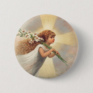 Kleiner Baby-Engel hält Lilien Button