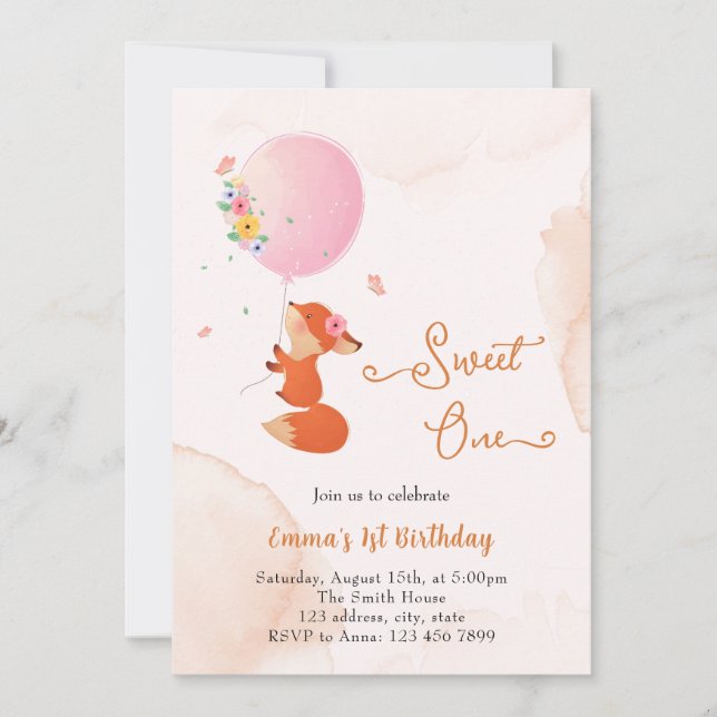 Kleiner Babyfuchs mit Ballon Einladung (Vorderseite)
