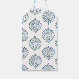 Kleiner blauer Blockdruck floral auf Elfenbein Geschenkanhänger