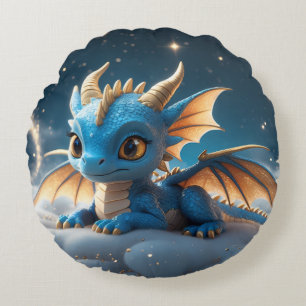 Kleiner blauer Dino auf einer Wolke  Rundes Kissen