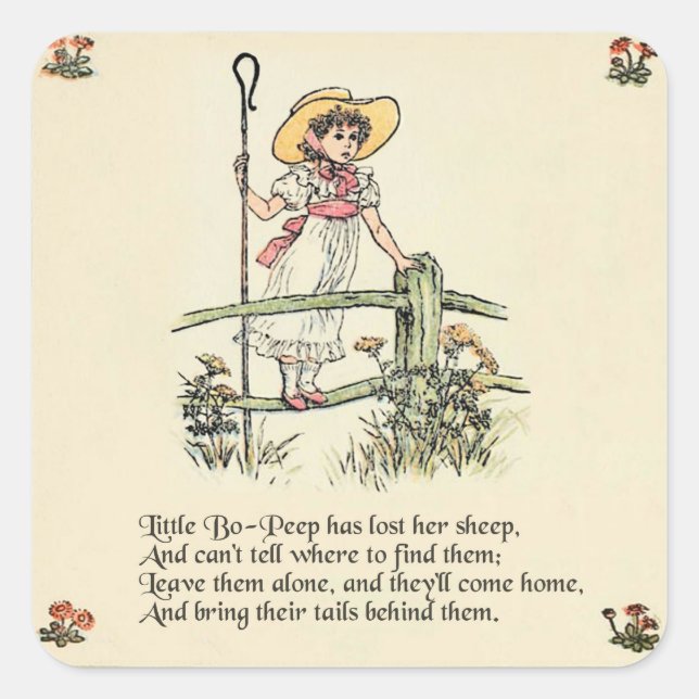 Kleiner Bo-Peep: Klassisches Kate Greenaway-Kinder Quadratischer Aufkleber (Vorderseite)