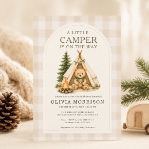 Kleiner Camper Woodland-Junge Gingham-Baby-Party Einladung