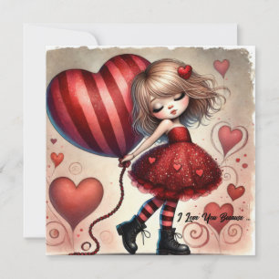 Kleiner Cartoon Valentine Mädchen mit Ballon Feiertagskarte