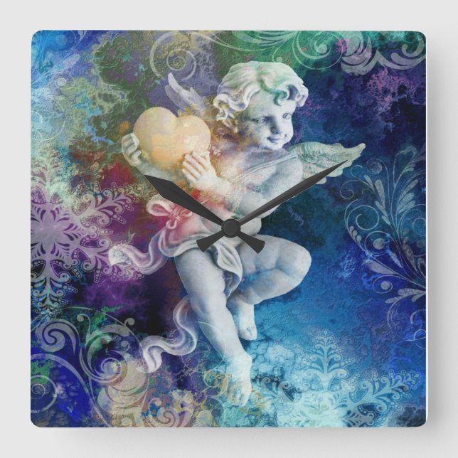 Kleiner Cherub in Blau Quadratische Wanduhr (Vorderseite)