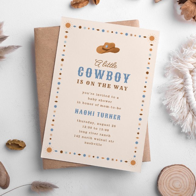Kleiner Cowboy auf dem Way Western Babydusche Einladung (little cowboy on the way baby shower invitation in blue and browns.)