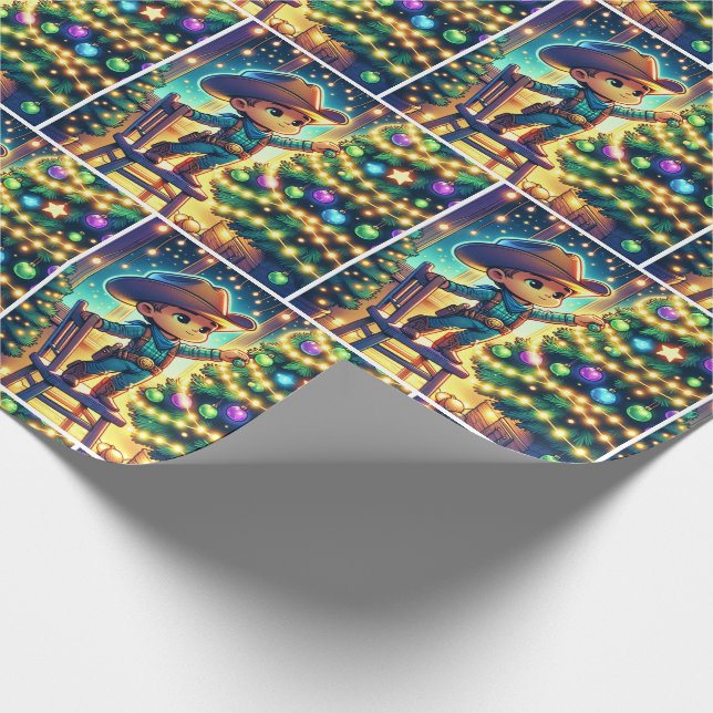 Kleiner Cowboy auf Stuhl Dekorieren Weihnachtsbaum Geschenkpapier (Ecke)