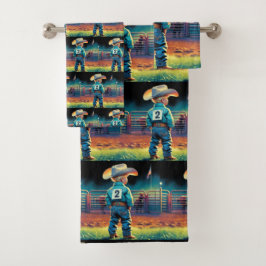 Kleiner Cowboy bei Rodeo Fence American Flag Pferd Badhandtuch Set