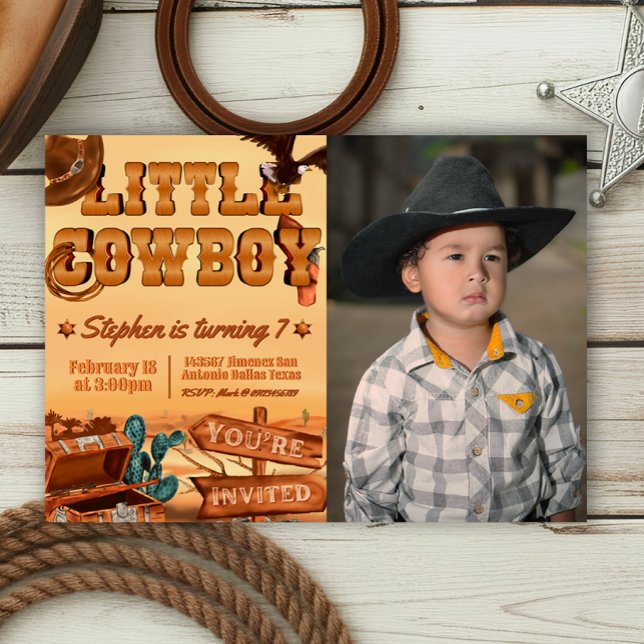 Kleiner Cowboy mit Foto Einladung (Little Cowboy -  Boy Birthday Landscape Invitation with Picture)