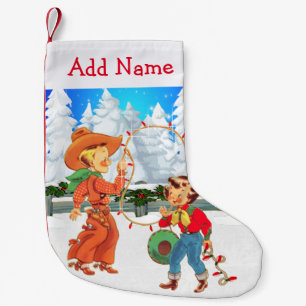 Kleiner Cowboy und Cowgirl mit Seillichter Winter Weihnachtsstrumpf