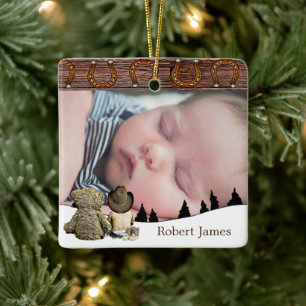 Kleiner Cowboy und Teddy Bären Weihnachten Keramikornament