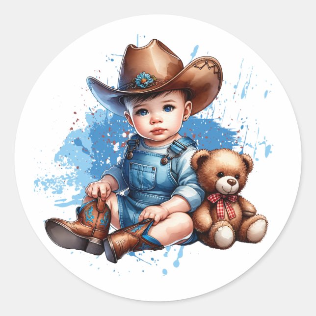 Kleiner Cowboy und Teddy Bear Baby Dusche Runder Aufkleber (Vorderseite)
