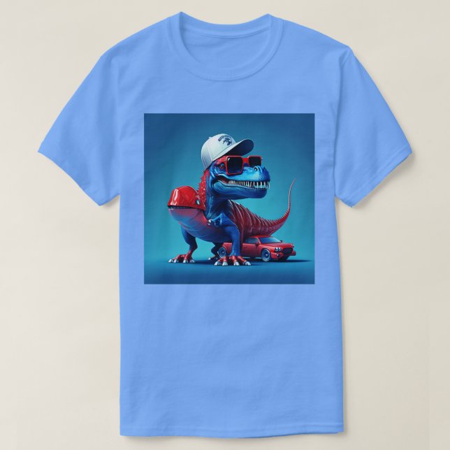 kleiner Dinosaurier auf einem roten Sportwagen T-Shirt (Design vorne)