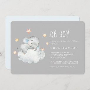 Kleiner Elefant, Junge schlafen   Graue Babydusche Einladung