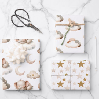 Kleiner Elefant schlafen, Wolken, Sterne Geschenkpapier Set