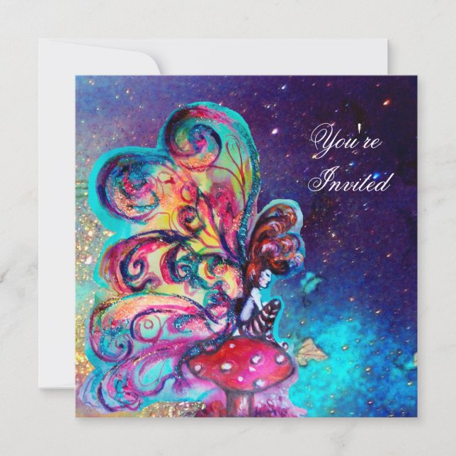 KLEINER ELF VON MUSHÖLLEN, rosa, gelb, blau funkel Einladung (Vorderseite)