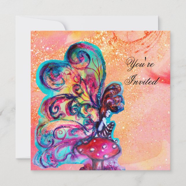 KLEINER ELF VON MUSHÖMEN, rosa, gelbes, funkelndes Einladung (Vorderseite)