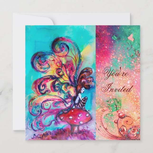 KLEINER ELF VON MUSHÖMMEN, rosa blaues Funkeln Einladung (Vorderseite)