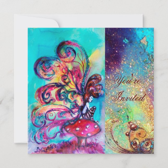 KLEINER ELF VON MUSHÖMMEN, rosa blaues Funkeln Einladung (Vorderseite)