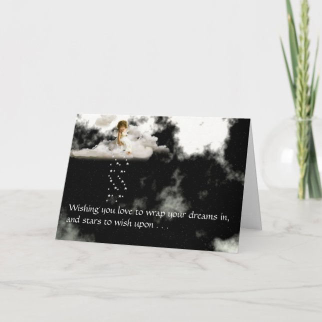 Kleiner Engel auf einem wolkigen Geburtstag Karte (Vorderseite)