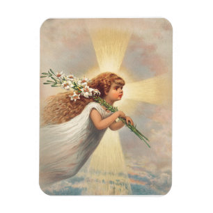 Kleiner Engel hält Lilien Magnet