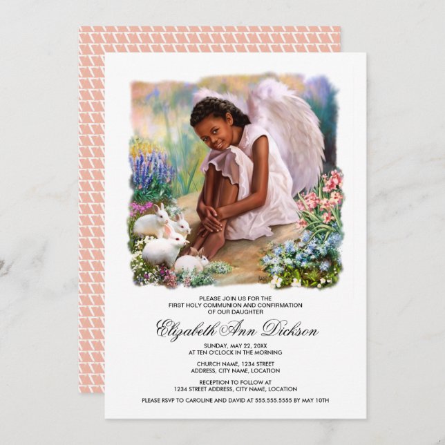 Kleiner Engel mit Bunnies Heiliger Kommunion Einladung (Vorne/Hinten)