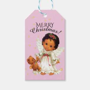 Kleiner Engel mit Teddy Bear Afrocentric Christmas Geschenkanhänger