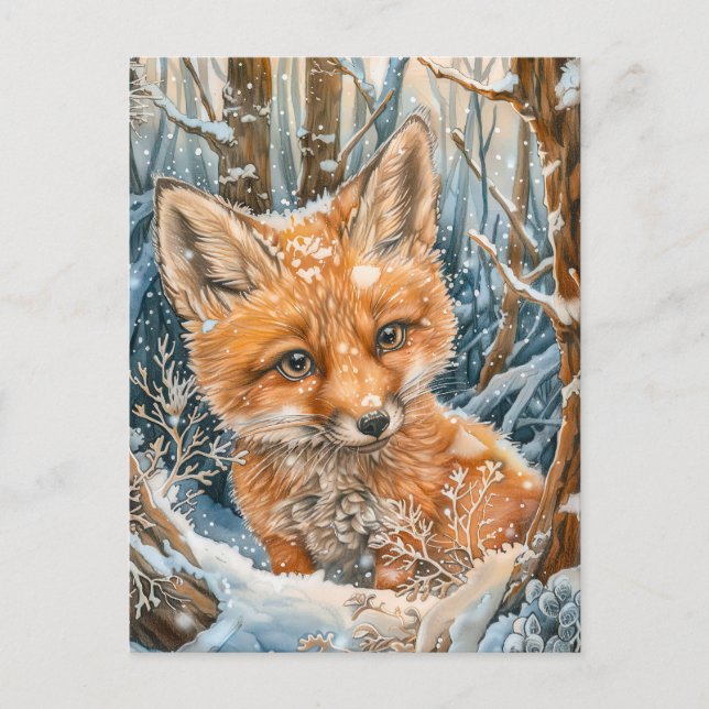 Kleiner Fox im Schneewald Postkarte (Vorderseite)