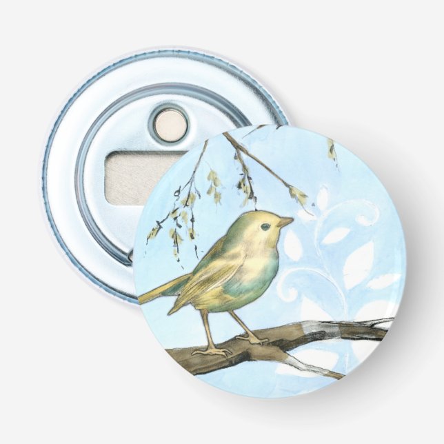 Kleiner Gelbbvogel auf einem Zweig nach oben Flaschenöffner (Vorderseite)