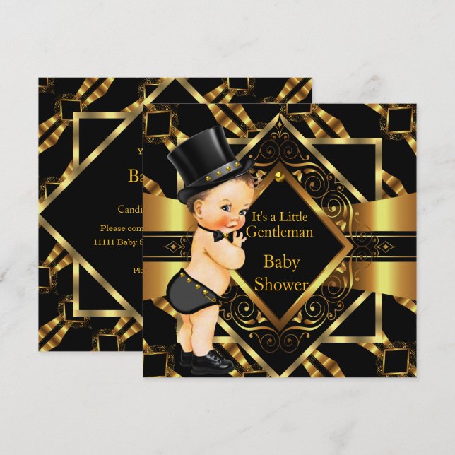 Kleiner Gentleman Baby Dusche Gold Black Brünett Einladung (Vorne/Hinten)