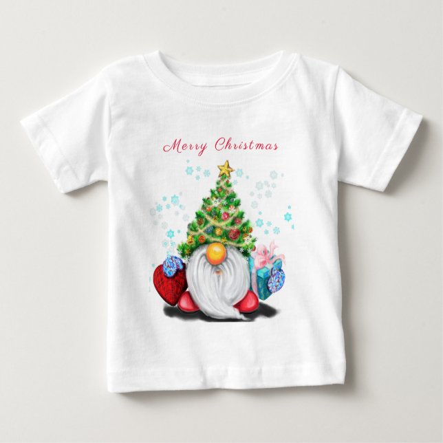 Kleiner Gnome mit Weihnachtsbaumhut und Geschenksp Baby T-shirt (Vorderseite)