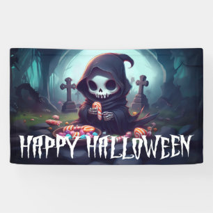 Kleiner grimmiger Sensenmann mit Candy Happy Hallo Banner
