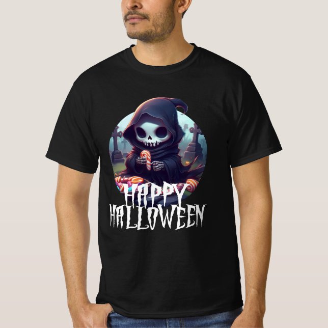 Kleiner grimmiger Sensenmann mit Candy Happy Hallo T-Shirt (Vorderseite)