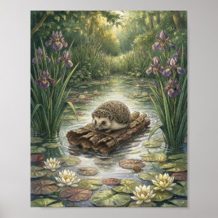 Kleiner Igel schwebt auf Rindenfloß Feuchtgebiet P Poster
