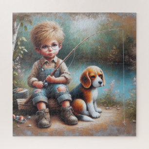 Kleiner Junge Angeln mit Beagle Puzzle