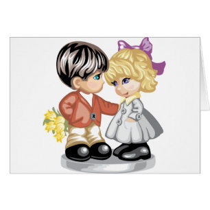 Kleiner Junge, der einem kleinen Mädchen Blumen