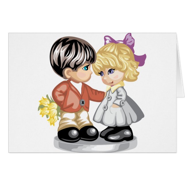 Kleiner Junge, der einem kleinen Mädchen Blumen (Vorderseite (Horizontal))