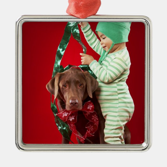 Kleiner Junge, der einen Hund verziert Silbernes Ornament (Vorne)