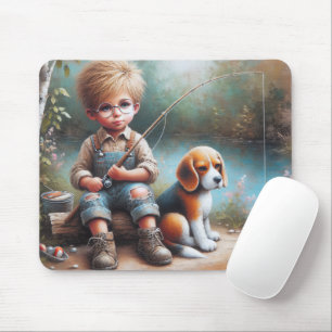 Kleiner Junge fischen mit seinem Beagle Mousepad