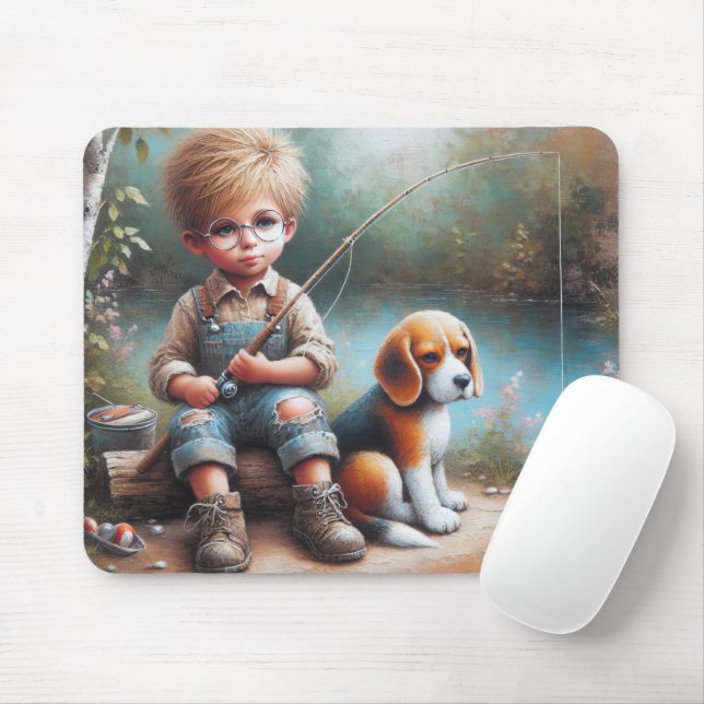 Kleiner Junge fischen mit seinem Beagle Mousepad (Mit Mouse)