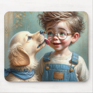 Kleiner Junge geküsst von Golden Retriever Puppy Mousepad