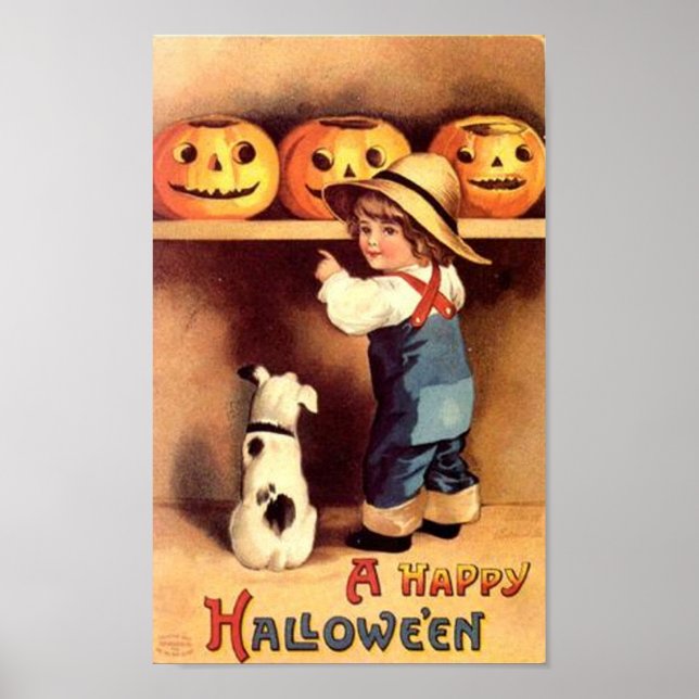 Kleiner Junge mit Hund und Pumpkins Poster (Vorne)