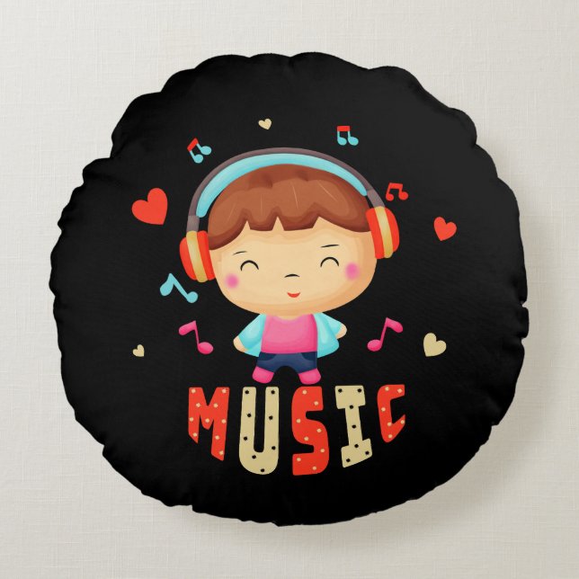 Kleiner Junge mit Musik Rundes Kissen (Vorderseite)