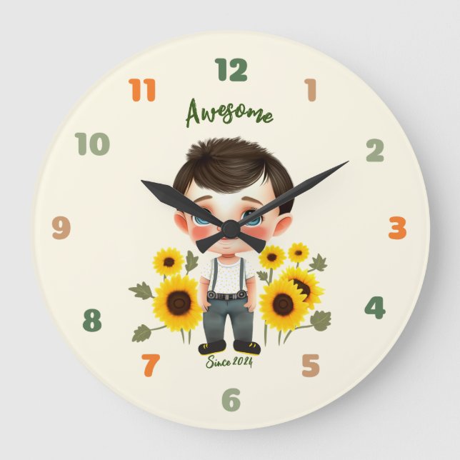 Kleiner Junge mit Sonnenblumen Große Wanduhr (Vorderseite)