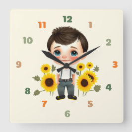 Kleiner Junge mit Sonnenblumen Quadratische Wanduhr
